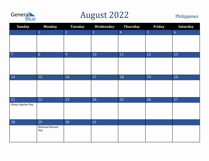 August 2022 Philippines Calendar (Sunday Start)
