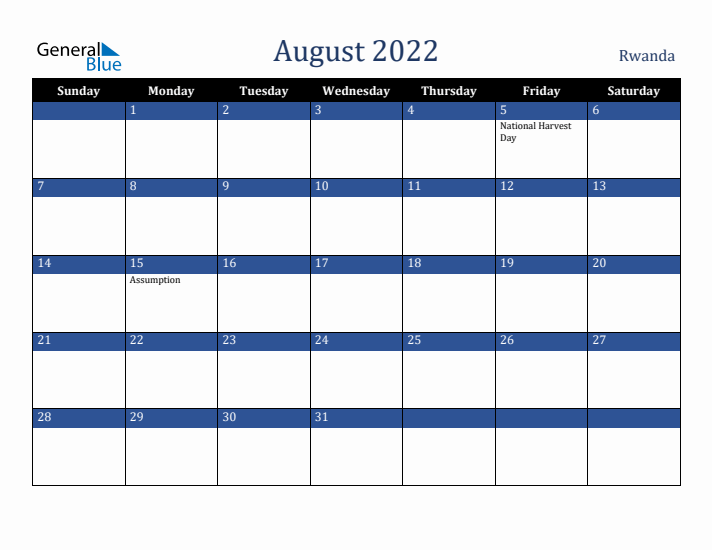 August 2022 Rwanda Calendar (Sunday Start)