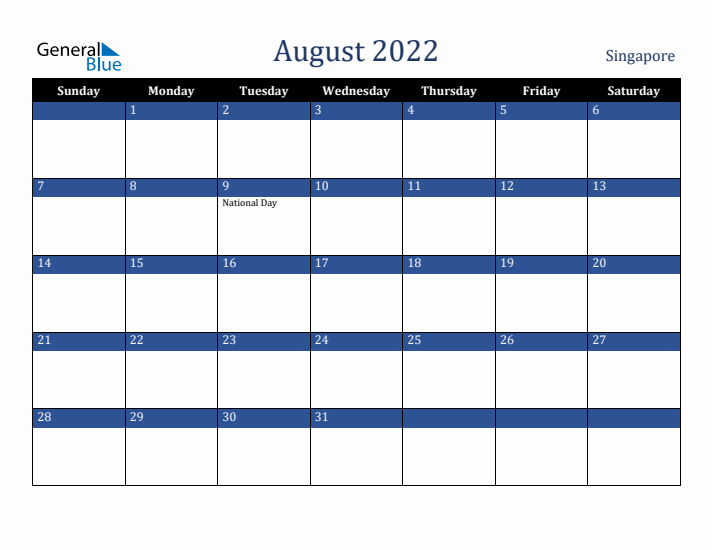 August 2022 Singapore Calendar (Sunday Start)