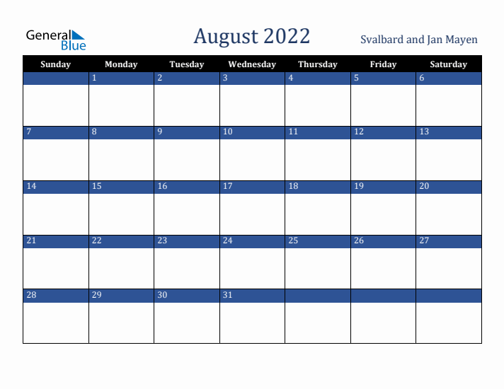 August 2022 Svalbard and Jan Mayen Calendar (Sunday Start)