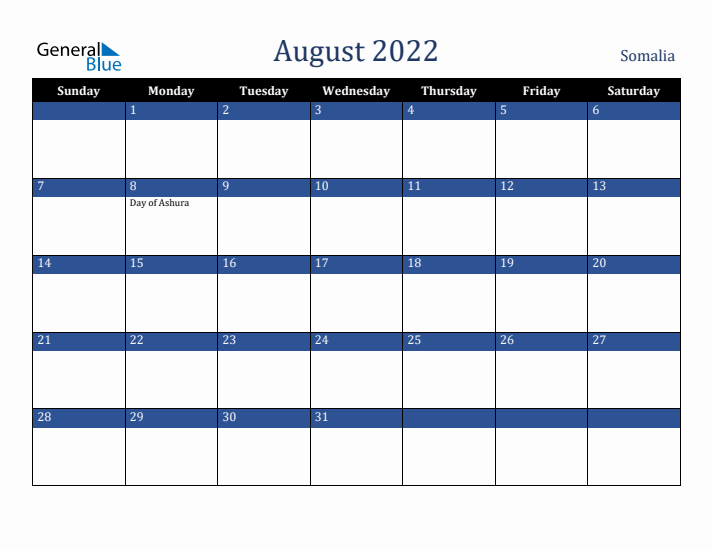 August 2022 Somalia Calendar (Sunday Start)