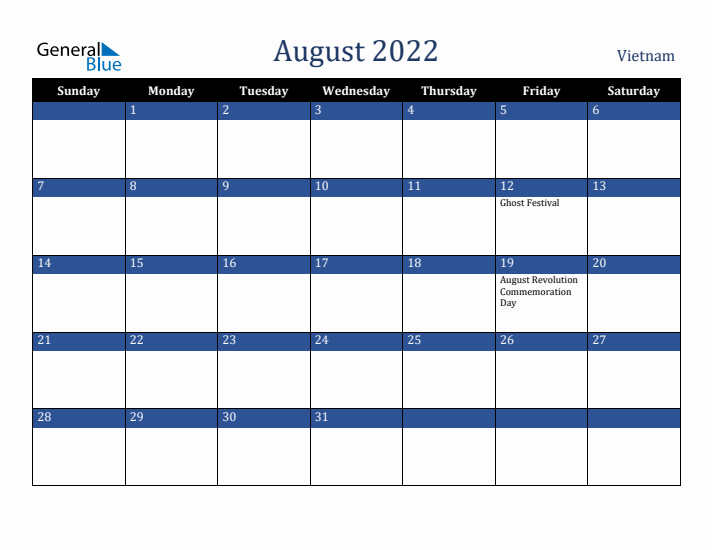August 2022 Vietnam Calendar (Sunday Start)