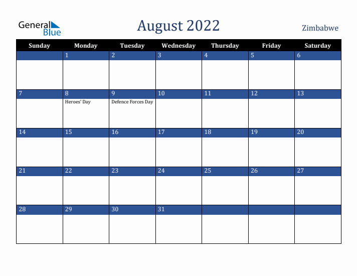 August 2022 Zimbabwe Calendar (Sunday Start)