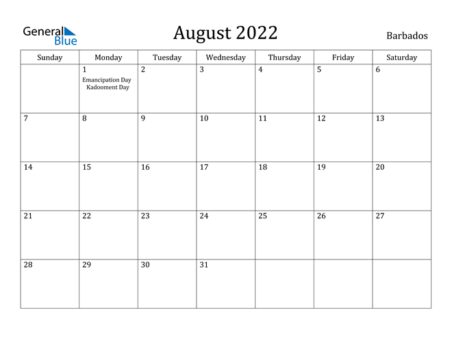 barbados august 2022 calendar with holidays