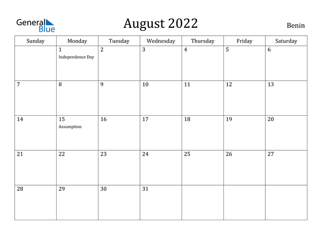 August 2022 Calendar Benin