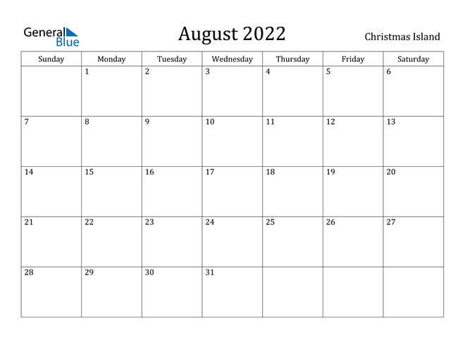 August 2022 Calendar Christmas Island
