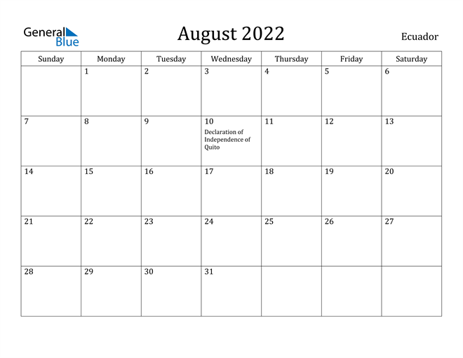August 2022 Calendar Ecuador
