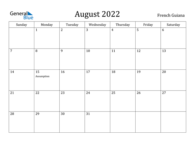 August 2022 Calendar French Guiana