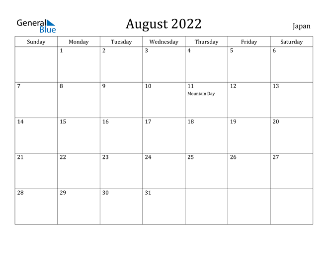 Japan August 2022 Calendar with Holidays