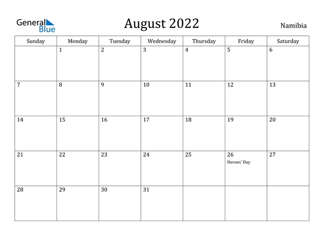August 2022 Calendar Namibia