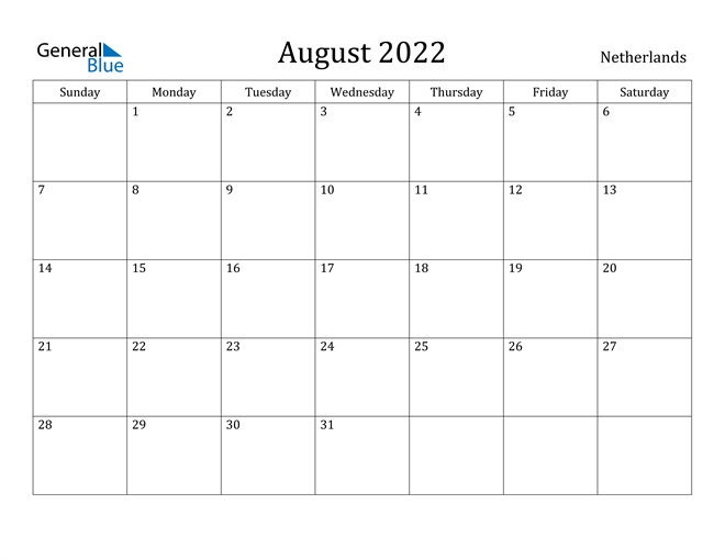 August 2022 Calendar Netherlands