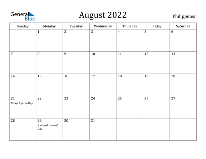 Printable Calendar Aug 2022 Philippines August 2022 Calendar With Holidays