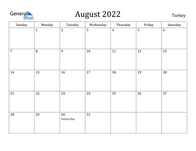 August 2022 Calendar Turkey