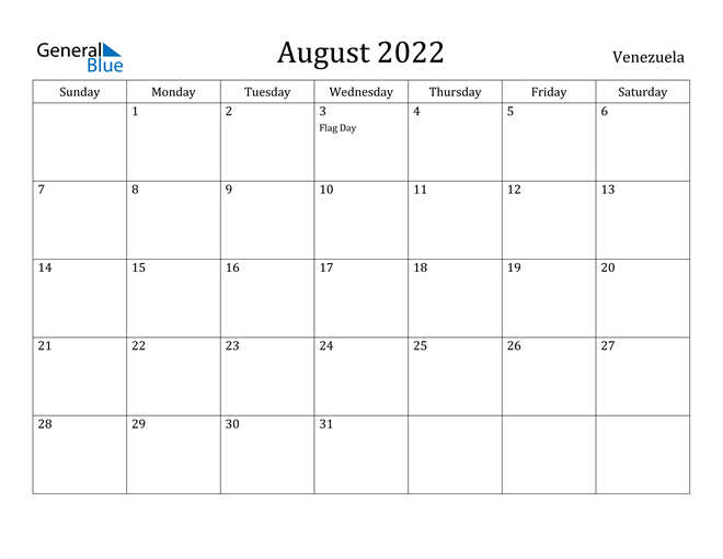 August 2022 Calendar Venezuela
