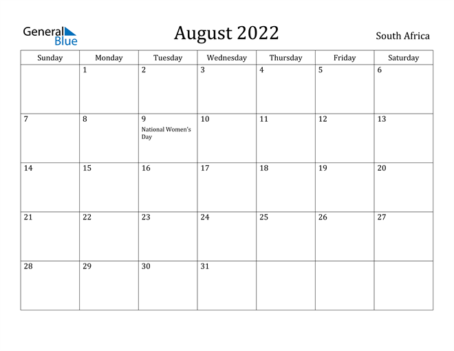 south africa august 2022 calendar with holidays