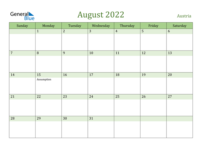 austria august 2022 calendar with holidays