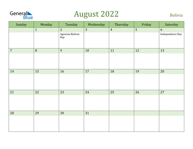 August 2022 Calendar with Bolivia Holidays