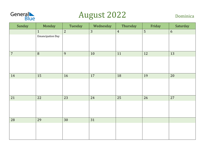 August 2022 Calendar with Dominica Holidays