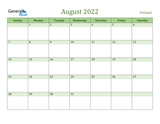 finland august 2022 calendar with holidays