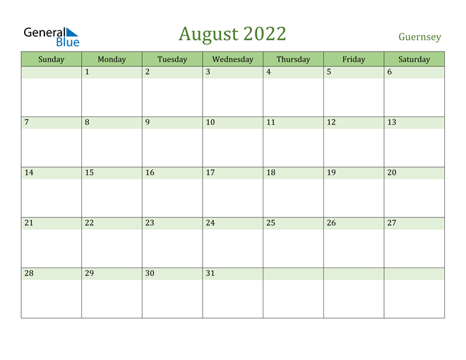 August 2022 Calendar with Guernsey Holidays