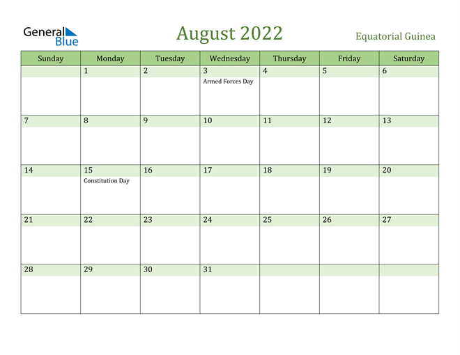 august 2022 calendar equatorial guinea