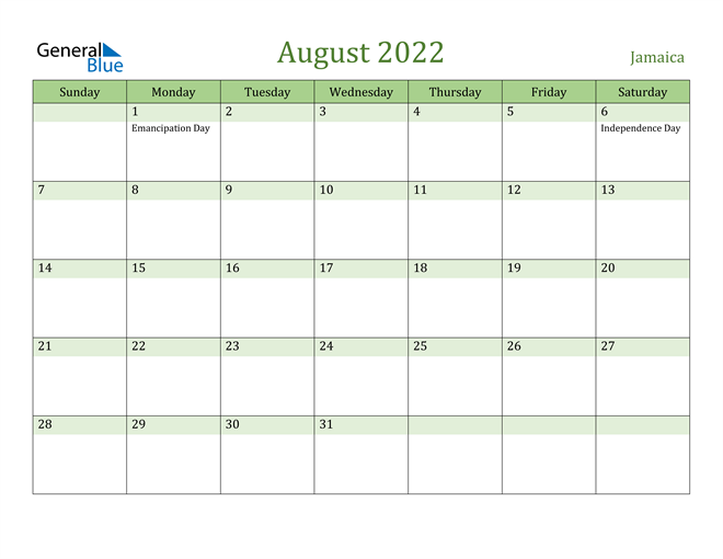 August 2022 Calendar with Jamaica Holidays
