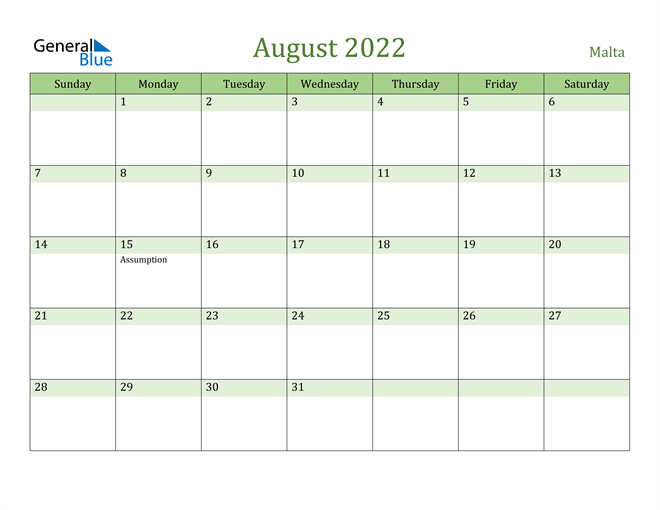 August 2022 Calendar with Malta Holidays