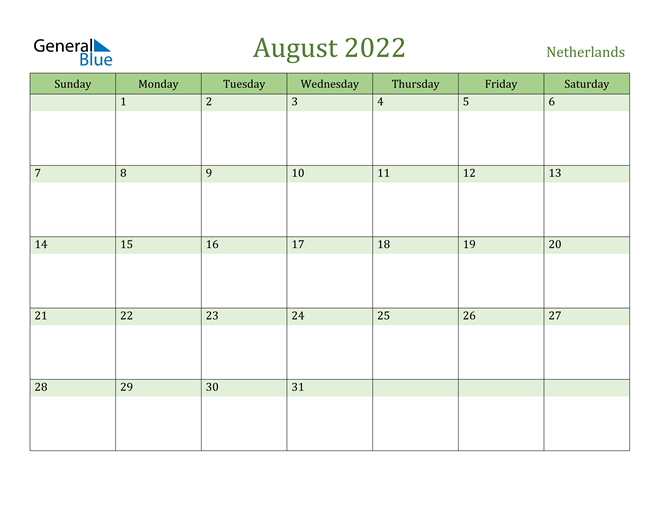 August 2022 Calendar with Netherlands Holidays