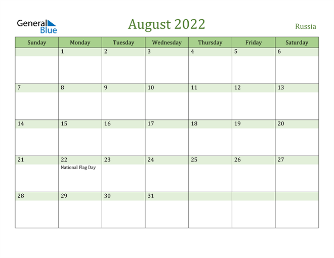 August 2022 Calendar with Russia Holidays