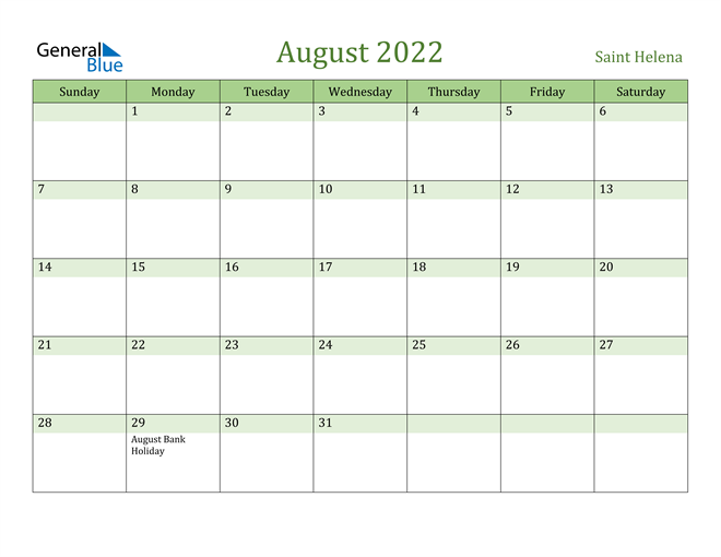 August 2022 Calendar with Saint Helena Holidays