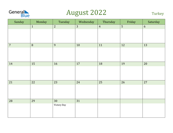 August 2022 Calendar with Turkey Holidays