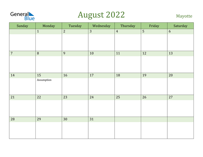 August 2022 Calendar with Mayotte Holidays