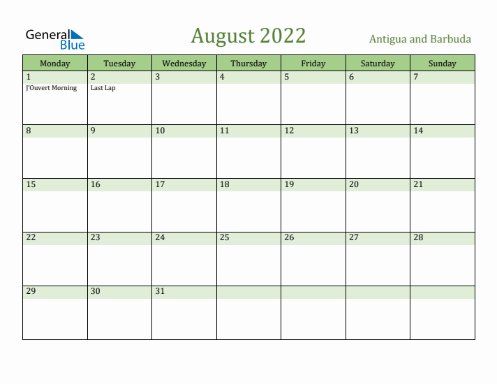 August 2022 Calendar with Antigua and Barbuda Holidays