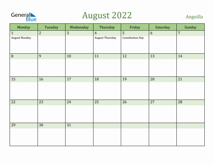 August 2022 Calendar with Anguilla Holidays