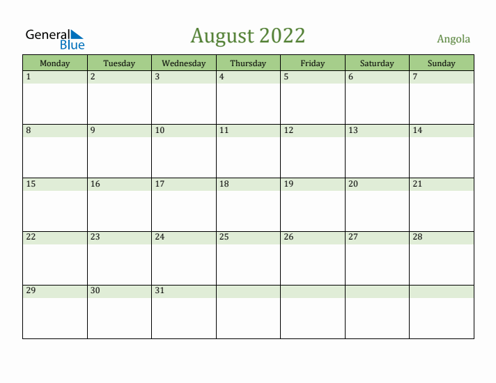 August 2022 Calendar with Angola Holidays