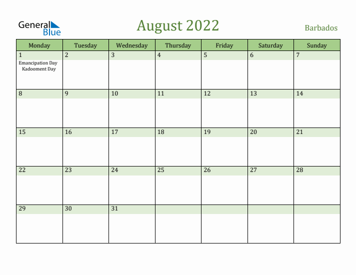 August 2022 Calendar with Barbados Holidays