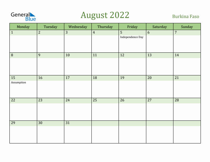 August 2022 Calendar with Burkina Faso Holidays