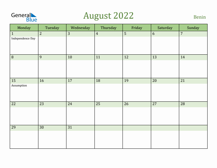 August 2022 Calendar with Benin Holidays