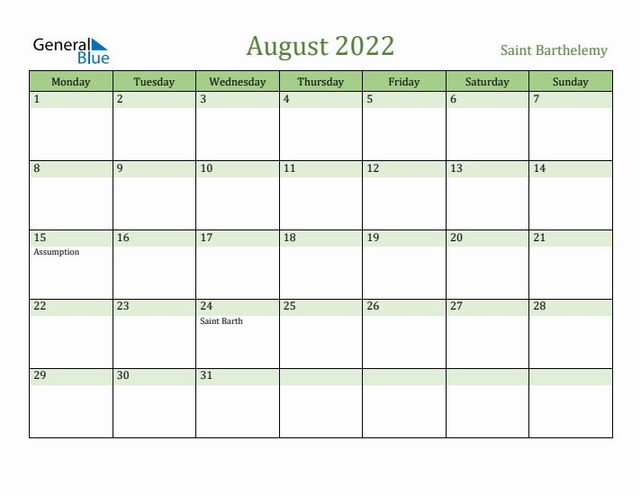 August 2022 Calendar with Saint Barthelemy Holidays