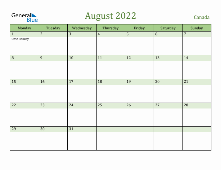 August 2022 Calendar with Canada Holidays