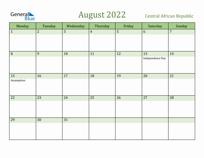August 2022 Calendar with Central African Republic Holidays