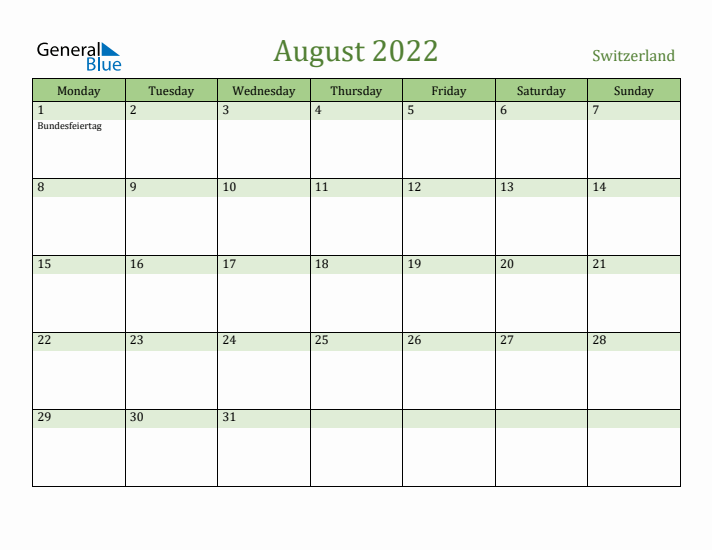 August 2022 Calendar with Switzerland Holidays