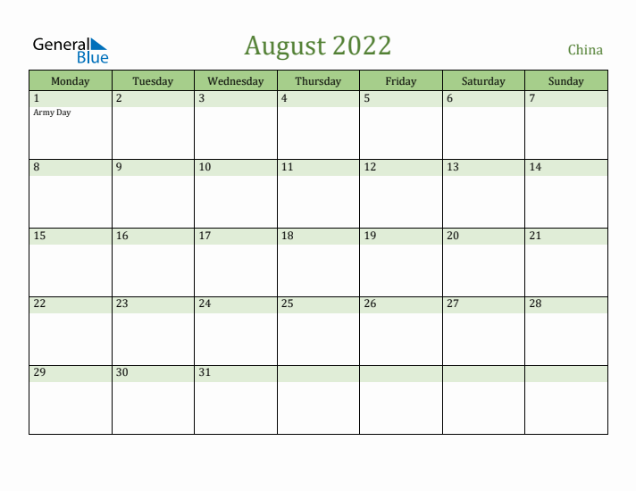 August 2022 Calendar with China Holidays