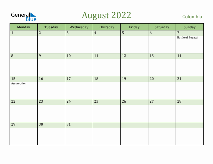 August 2022 Calendar with Colombia Holidays