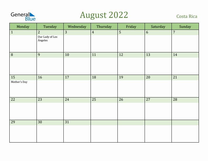 August 2022 Calendar with Costa Rica Holidays