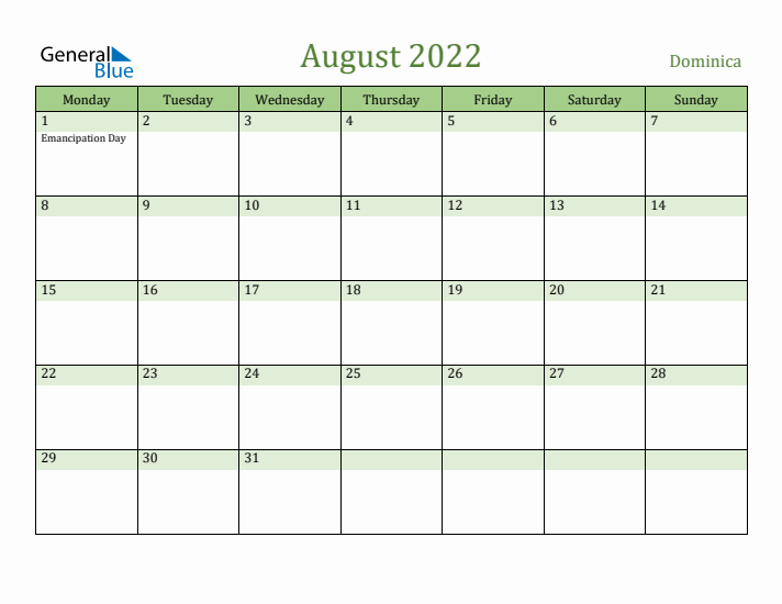 August 2022 Calendar with Dominica Holidays