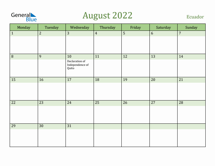 August 2022 Calendar with Ecuador Holidays