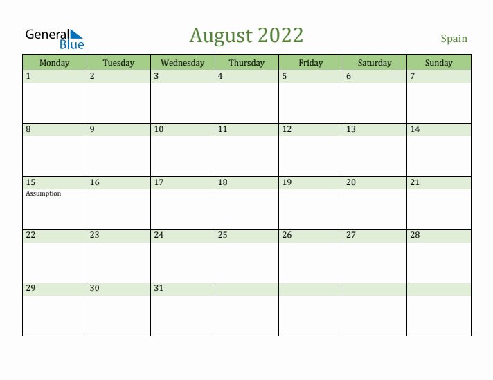 August 2022 Calendar with Spain Holidays