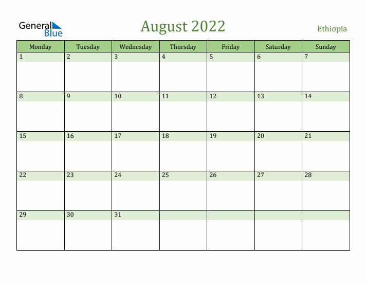 August 2022 Calendar with Ethiopia Holidays
