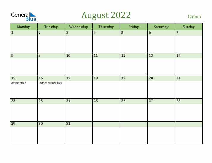August 2022 Calendar with Gabon Holidays